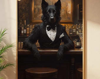 Dog Bartender Art Print: Humorous Canine in Tuxedo (Digital Download)