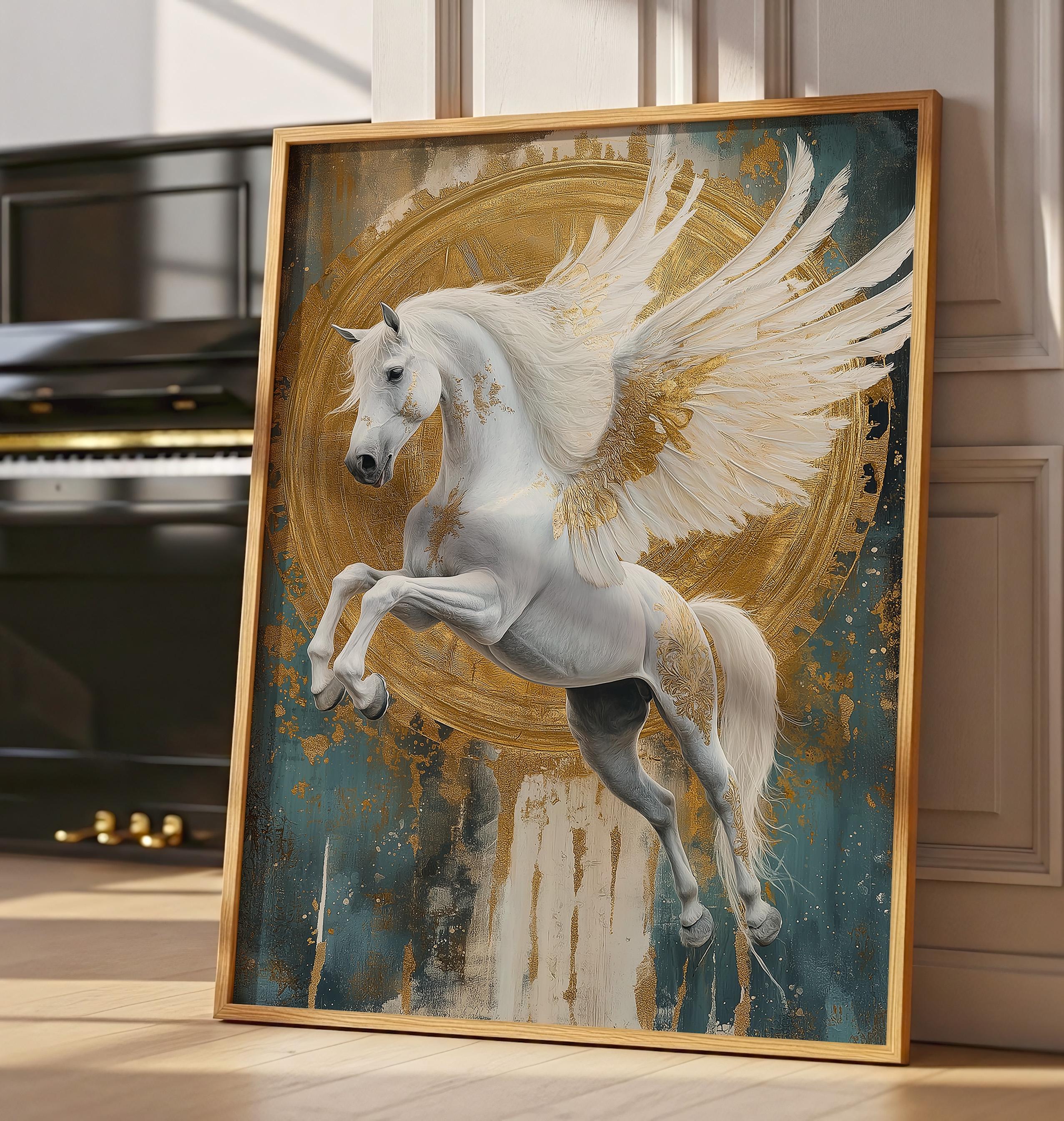 Gold Pegasus Art Print: Mythical Winged Horse Wall Decor (digital ...