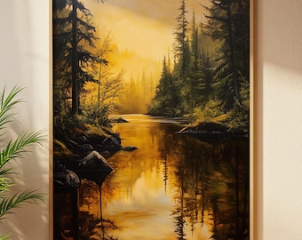 Arte mural imprimible de un río en un bosque dorado, paisaje boscoso apacible (descarga digital)