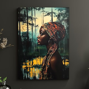 African Woman Portrait Wall Art, Instant Digital Download, Bold Afro Beauty in Forest, Dark Elegant Digital, Modern Afrocentric Home Decor