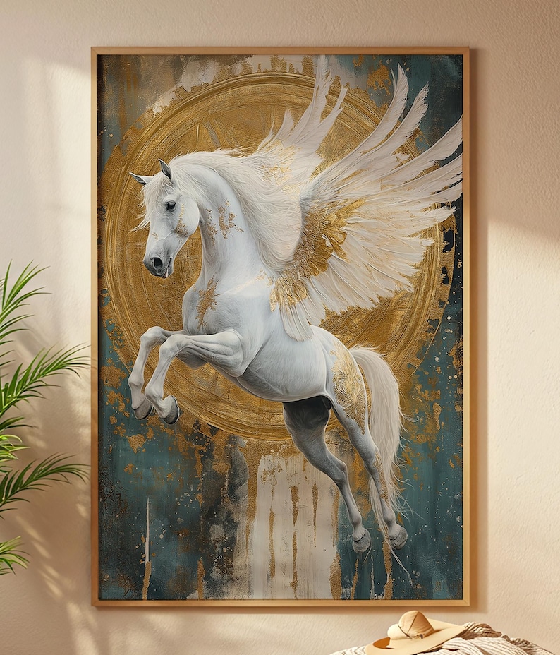 Gold Pegasus Art Print: Mythical Winged Horse Wall Decor (digital ...