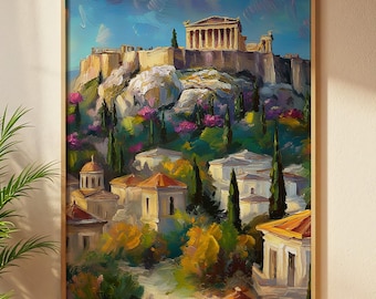 Arte mural imprimible de un pueblo mediterráneo con paisaje griego, póster colorido de la Acrópolis de Atenas, descarga digital