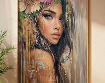 Boho Woman Portrait Print: Colorful Floral Female Art (Digital Download)