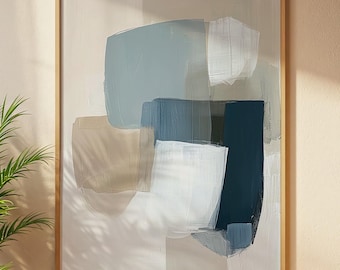 Arte de pared imprimible abstracto en azul y beige suave (descarga digital)