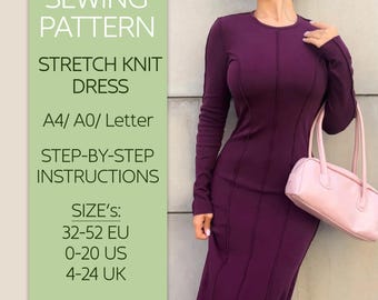 Knit Long Dress Pattern PDF – Slim Fit Bodycon Sewing Pattern for Beginners to Pros