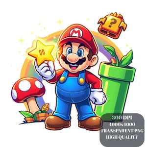 Può includere: Illustrazione di un cartone animato di Mario che tiene in mano una stella d'oro con il numero 00. Indossa un cappello rosso con una "M", una tuta blu e una camicia rossa. Un fungo rosso e bianco, un tubo verde e una scatola con un punto interrogativo sono anche nell'immagine.