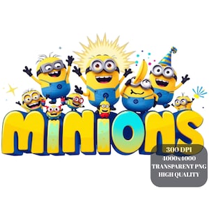 Può includere: Una grafica vivace con diversi personaggi dei Minion in varie pose. La parola "minions" è visualizzata in grandi lettere 3D gialle. L'immagine include testo che indica 300 DPI, risoluzione 4000x4000, PNG trasparente e alta qualità.