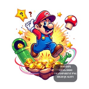 Può includere: Illustrazione colorata di un personaggio dei cartoni animati con cappello rosso e tuta blu, che salta sopra monete d'oro. L'immagine include un tubo verde, un fungo rosso e bianco e un punto interrogativo. Il testo in basso recita "300 DPI, 4000x4000, PNG TRASPARENTE, ALTA QUALITÀ."