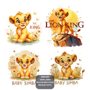 Può includere: Quattro illustrazioni digitali di Baby Simba da Il Re Leone. Ogni immagine presenta un cucciolo di leone sorridente, giallo dorato. Il testo "THE KING", "THE LION KING" e "BABY SIMBA" sono inclusi. Sono presenti anche farfalle e fogliame.