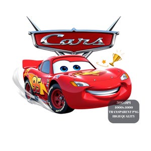 May include: A red cartoon race car with the number 95 on the side, smiling, with blue eyes, and a white vapor trail. The word "Cars" is above the car in a red emblem. A gold trophy and star are also present.