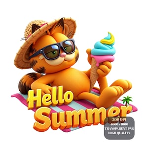 May include: A cartoon image of Garfield the cat wearing sunglasses and a straw hat, holding an ice cream cone. He is lying on a striped beach towel with the words "Hello Summer" in yellow. A small palm tree is visible.