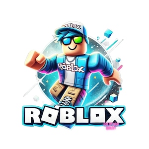 May include: A blue and white cartoon character wearing sunglasses and a blue and white baseball cap with the word "Roblox" on it. The character is standing in front of a blue and white background with the word "Roblox" in large white letters. The text "300 DPI HIGH QUALITY" is in pink letters below the word "Roblox".