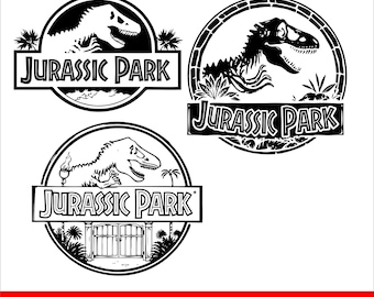 May include: Three black and white Jurassic Park logos. Each logo features a dinosaur silhouette within a circular frame, with the words "Jurassic Park" in a rectangular banner below. The bottom of the image has file type options.