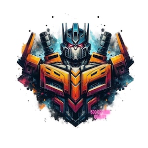 May include: A digital illustration of a robot with a blue, orange, and red color scheme. The robot has a large head with a crown and a menacing expression. The background is a watercolor-style splatter of blue, orange, and red.
