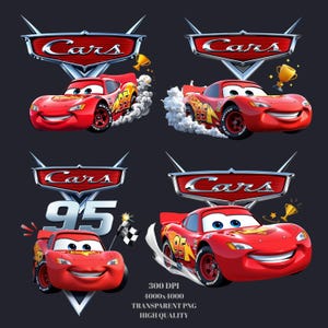 May include: Four images of the animated character Lightning McQueen from the movie Cars. Each image features the red race car with the number 95, a smiling face, and the Cars logo. The images are set against a dark gray background.