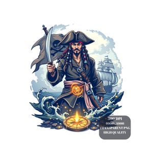 May include: Illustration of a pirate holding a sword and a flag with a skull and crossbones. The pirate wears a tricorn hat and a long coat, with a ship in the background. A compass is in the foreground.