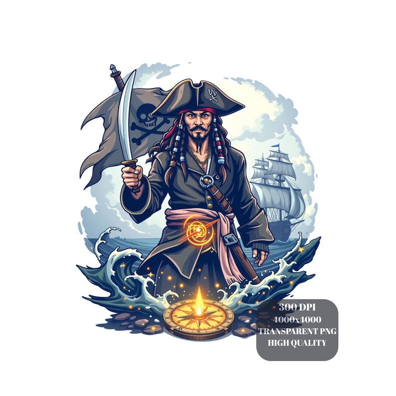 May include: Illustration of a pirate holding a sword and a flag with a skull and crossbones. The pirate wears a tricorn hat and a long coat, with a ship in the background. A compass is in the foreground.