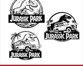 Puede incluir: Diseños gráficos en blanco y negro con el texto "Jurassic Park", un dinosaurio y un jeep. Los diseños son circulares e incluyen palmeras y otro follaje. La parte inferior de la imagen tiene las opciones de tipo de archivo: SVG, PNG, EPS, DXF y JPG.