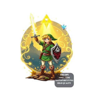 May include: Illustration of a character from a video game, holding a glowing sword and shield. The character is wearing a green tunic, brown boots, and a green hat. A blue fairy hovers nearby. The background features a castle and a golden glow. Text on the image reads: 300 DPI, 1000x1000, TRANSPARENT PNG, HIGH QUALITY.