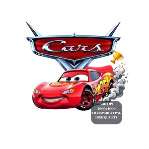 May include: A red cartoon race car with the number 95 on the side, smiling, with a chrome emblem that says "Cars" above it. A gold trophy and smoke are also in the image. The image also includes text that says "300 DPI 4000x4000 TRANSPARENT PNG HIGH QUALITY".