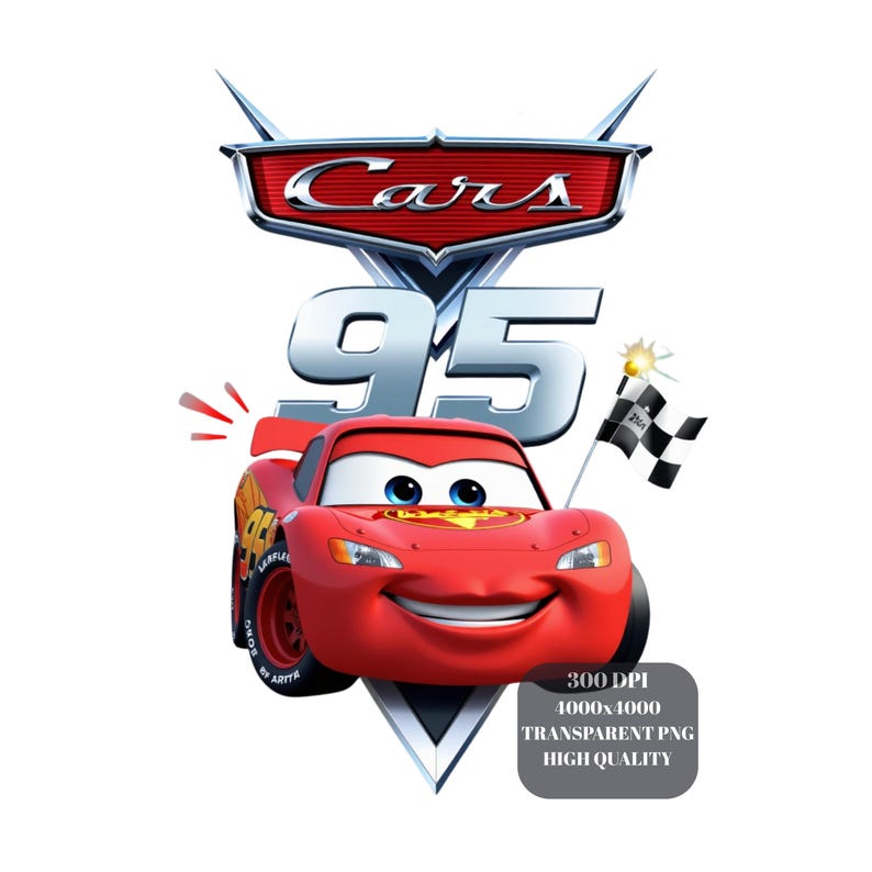 May include: A red cartoon race car with the number 95, a checkered flag, and the word "Cars" in a red and silver logo. The car has large eyes and a smiling face. The image is on a white background.