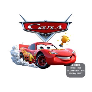 May include: A red cartoon race car with the number 95 and the word "Cars" above it. The car is smiling and has a trophy next to it. The image also includes text that says "300 DPI, 4000x4000, TRANSPARENT PNG, HIGH QUALITY."