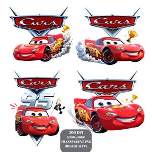May include: Four images of the animated character Lightning McQueen from the movie "Cars". Each image features a red race car with the number 95, the "Cars" logo, and other racing elements like smoke and trophies. The images are set against a white background.