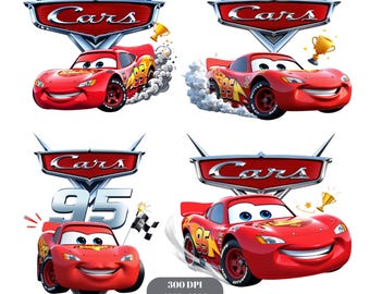 Puede incluir: Cuatro imágenes del personaje animado Rayo McQueen de la película "Cars". Cada imagen presenta un coche de carreras rojo con el número 95, el logotipo de "Cars" y elementos de carreras como humo y trofeos. Las imágenes están sobre un fondo blanco.