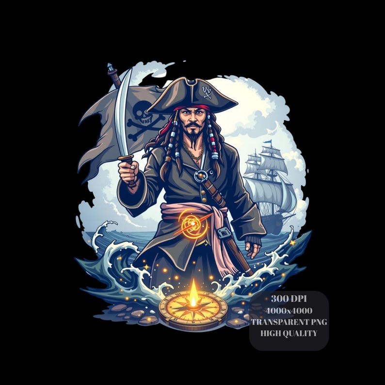 May include: Illustration of a pirate holding a sword and a flag with a skull and crossbones. The pirate is standing in front of a compass and a ship on the sea. The pirate is wearing a hat and a coat.