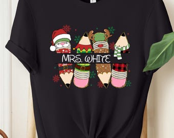 Personalized Christmas Teacher T-Shirt, Custom Name Shirt
