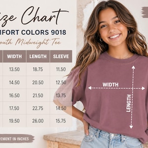 The image is a size chart for a youth midi-weight t-shirt, showing the measurements for different sizes (XS, S, M, L) along with the corresponding widths (13.50, 14.50, 16.50, 17.50) and lengths (18.75, 20.50, 21.75, 22.75) in inches. The chart also includes a diagram of the t-shirt with a width and length scale.
