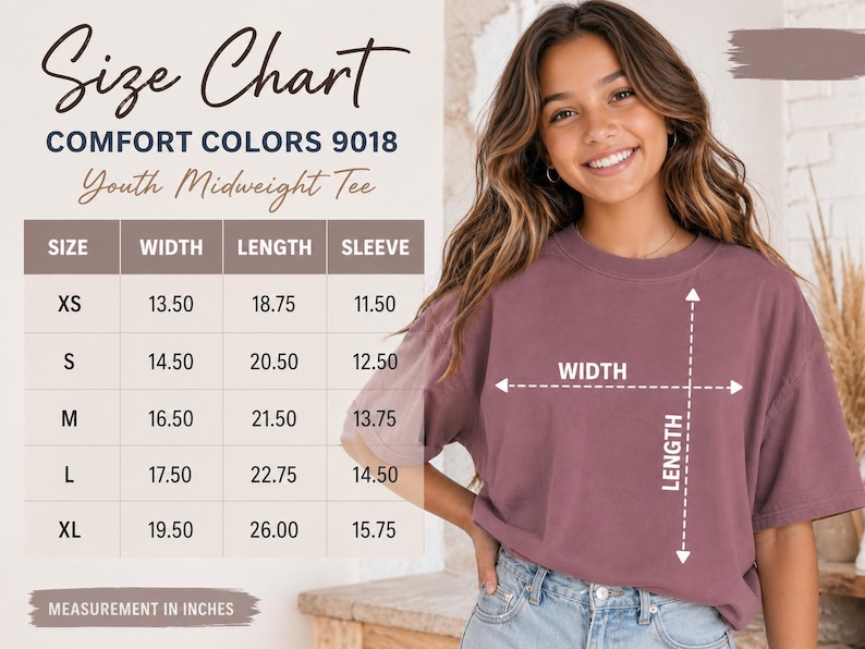 The image is a size chart for a youth midi-weight t-shirt, showing the measurements for different sizes (XS, S, M, L) along with the corresponding widths (13.50, 14.50, 16.50, 17.50) and lengths (18.75, 20.50, 21.75, 22.75) in inches. The chart also includes a diagram of the t-shirt with a width and length scale.