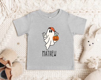 Personalized Boys Halloween Shirt, Boys Ghost Name Toddler Shirt, Halloween Ghost with Hat and Pumpkin shirt, Custom Halloween Gift for Kids
