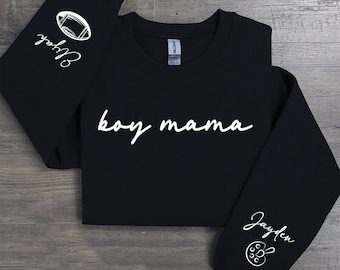 Boy Mama Sweatshirt and Hoodie With Kids Name On Sleeve with heart, ball, painting, Mothers Day, Gift for Mother, Christmas Gift, Boy Mama
