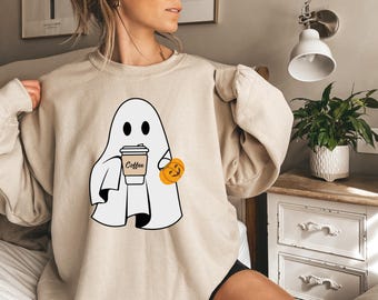 Cute Spooky Coffee Sweatshirt, Women's Ghost Sweatshirt with Coffee and Pumpkin, Fall Coffee Lover Shirt,Halloween Coffee Lovers Shirt
