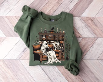 Bookish Ghost Sweatshirt, Spooky Library Shirt for Book Lover, Reading Sweater, Cottagecore Ghost Crewneck,  Librarian Appreciation Gift