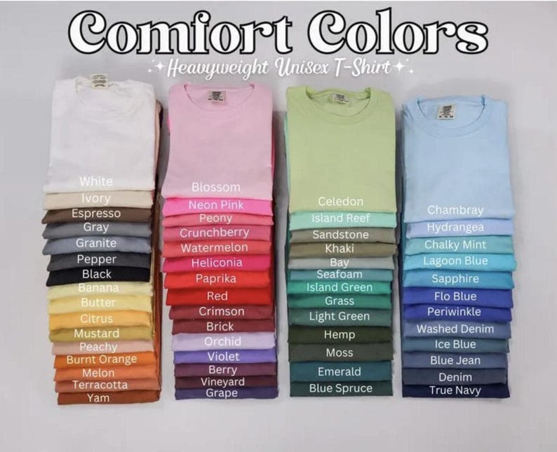 a collection of various colored T-shirts, each with a different color name written on it. The T-shirts are arranged in a row, showcasing a range of colors from white to blue.