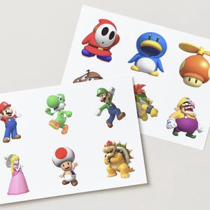 May include: Two sheets of colorful stickers featuring various characters from the Super Mario video game series. The stickers include Mario, Luigi, Yoshi, Princess Peach, and others. The stickers are printed on white paper.
