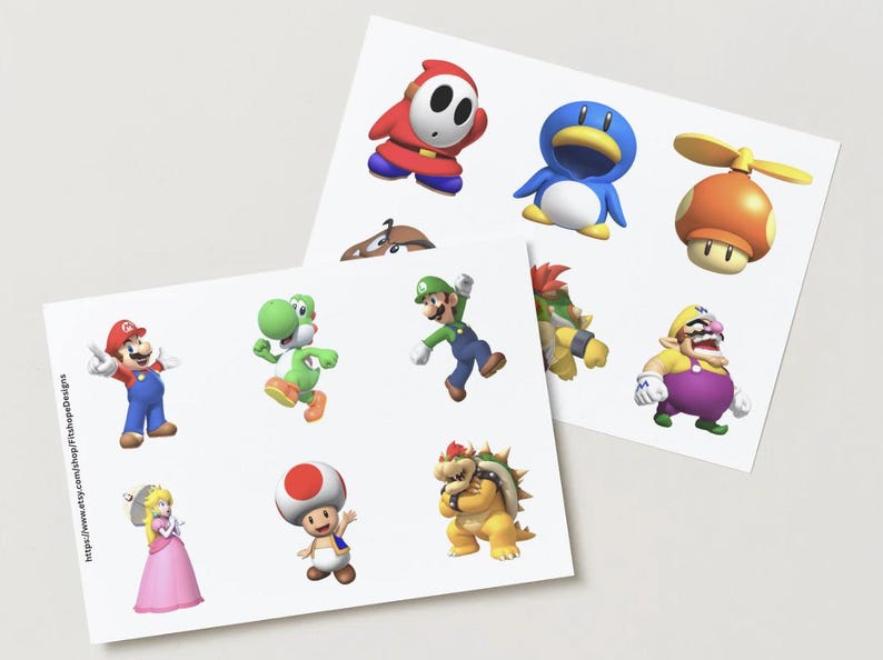 May include: Two sheets of colorful stickers featuring various characters from the Super Mario video game series. The stickers include Mario, Luigi, Yoshi, Princess Peach, and others. The stickers are printed on white paper.