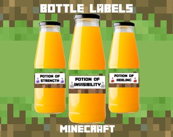 Printable Mine Inspired Potion Bottle Labels For Water Juice Drinks Pixel Block Birthday Party Wraps Video Gamer Tags Decor Instant Download