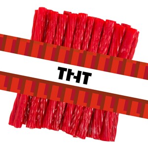 May include: Image of red licorice candy arranged in two groups, with a red and brown striped design across the image. The word "TNT" is in black block letters in the center.