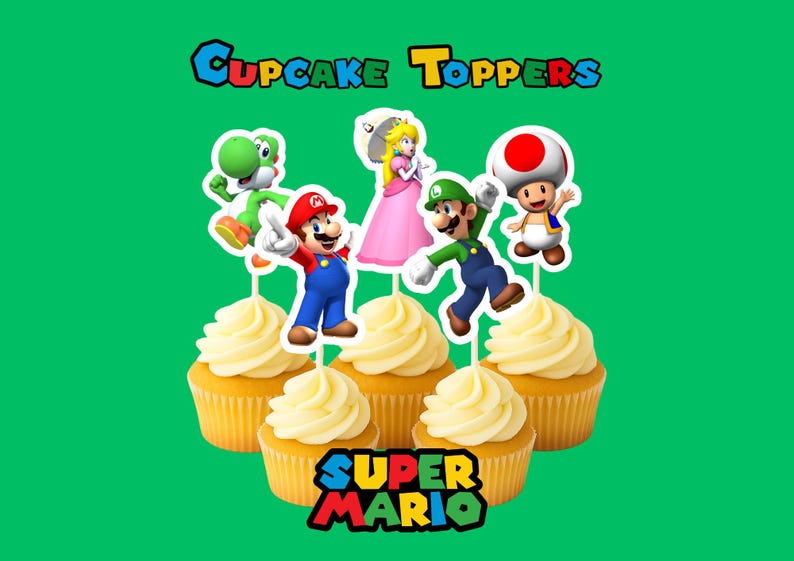 May include: Cupcakes with yellow frosting and Super Mario character toppers, including Mario, Luigi, Princess Peach, Yoshi, and Toad. The words "Cupcake Toppers" and "Super Mario" are displayed in colorful text against a green background.