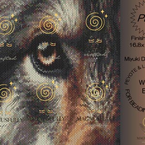 May include: A digital PDF pattern for a wolf eye tapestry, featuring a detailed eye design. The finished size is 6.6 x 8.1 inches. The pattern uses Miyuki Delica 11/0 beads and is designed for peyote and loom beading techniques.