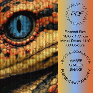 May include: Close-up of a mosaic-style snake head with amber and black scales and a striking blue eye. The image includes text indicating a Peyote & Loom pattern for beading tapestry, with a finished size of 18.6 x 17.1 cm.