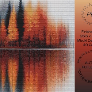 May include: A pixelated landscape depicting trees reflected in water, with a palette of orange, black, and grey. The text on the right side says "Autumn Reflection" and "Finished Size: 26.6 x 37.4cm".