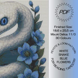 May include: A digital beadwork pattern showing a white snake with blue eyes and blue flowers. The design is for peyote and loom tapestry. Finished size is 18.6 x 25.5 cm.