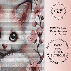 Könnte beinhalten: Ein digitales PDF-Muster für eine Perlen-Tapisserie mit einem Babyfuchs, umgeben von rosa Kirschblüten. Die fertige Größe beträgt 28 x 25,6 cm. Das Design enthält den Text "Baby Fox Cherry Blossoms".