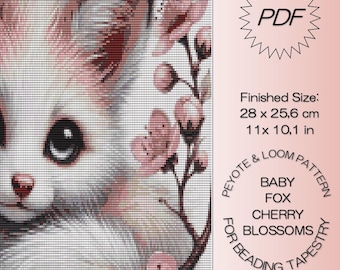 Baby Fox in Cherry Blossom Bead Pattern | Peyote & Loom Design | Lupo Tapestry Pattern | Miyuki Delica 11/0 | Digital Download PDF