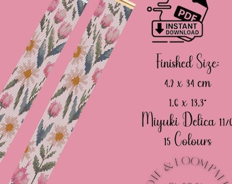 Patrón moderno de telar de cuentas con tulipanes florales de primavera. Pulsera de telar peyote. Patrón elegante de telar – Descarga PDF | Gargantilla Miyuki Delica 11/0.