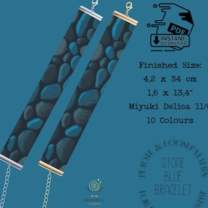Könnte beinhalten: Zwei Armbänder mit Steinmuster in Blau- und Grautönen. Die Armbänder sind 4,2 cm x 34 cm groß. Das Bild enthält den Text "Stone Blue Bracelet" und "Instant Download PDF".